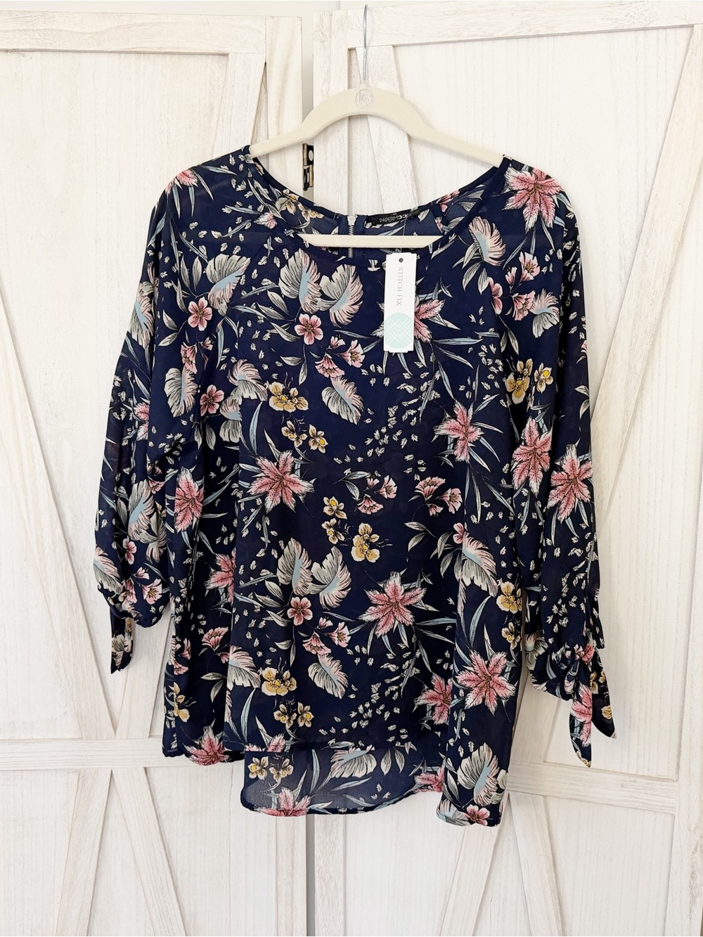 Papermoon Larie Floral Navy Women's Blouse - Stitchfix - 3/4 Tie Sleeve XL NWT
